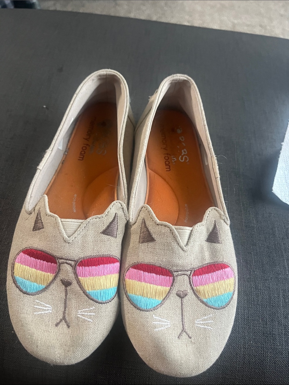 BOBS from Skechers Beige Cat Slip-On Flats with Rainbow Sunglasses Embroidery